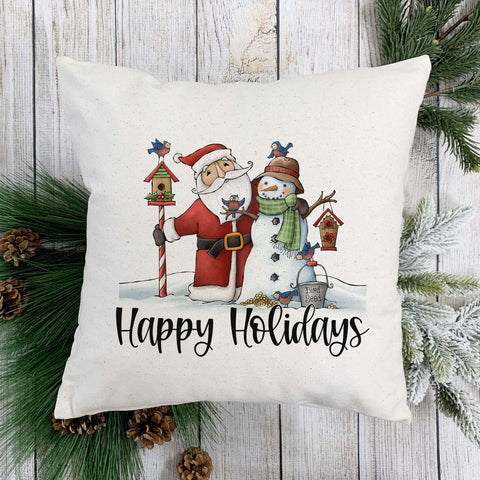 Happy Holidays Santa Snowman Christmas Pillow Cover
