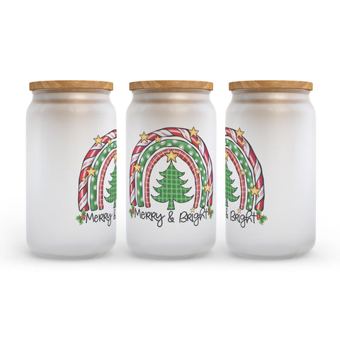 Merry and Bright Christmas Rainbow Frosted Glass Can Tumbler