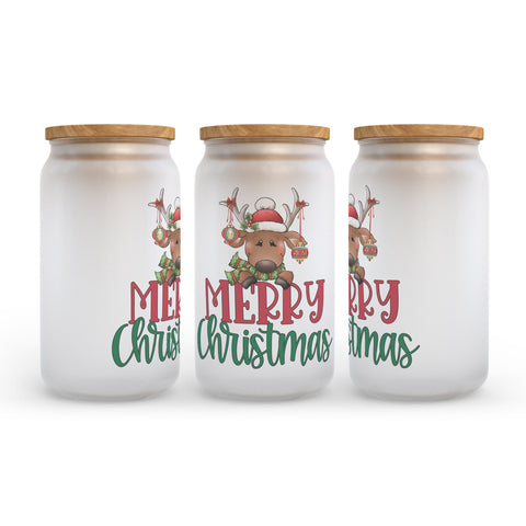 Merry Christmas Reindeer Frosted Glass Can Tumbler