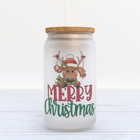 Merry Christmas Reindeer Frosted Glass Can Tumbler