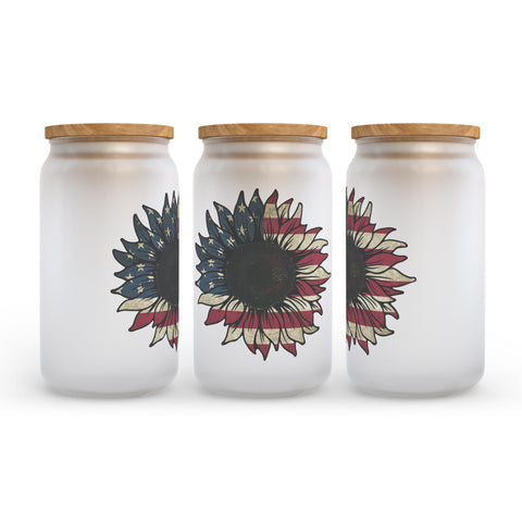 Sunflower American Flag Frosted Glass Can Tumbler