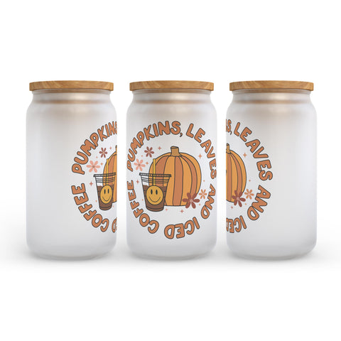 Pumpkin, Leaves and Iced Coffee Fall Frosted Glass Can Tumbler