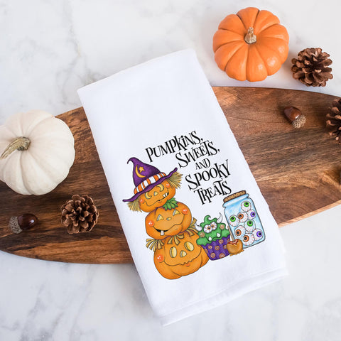 Pumpkins, Sweets and Spooky Treats Halloween Tea Towel