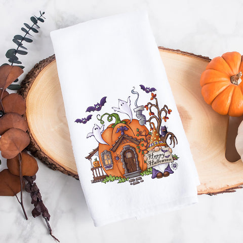 Happy Halloween Gnome and Pumpkin Kitchen Tea Towel