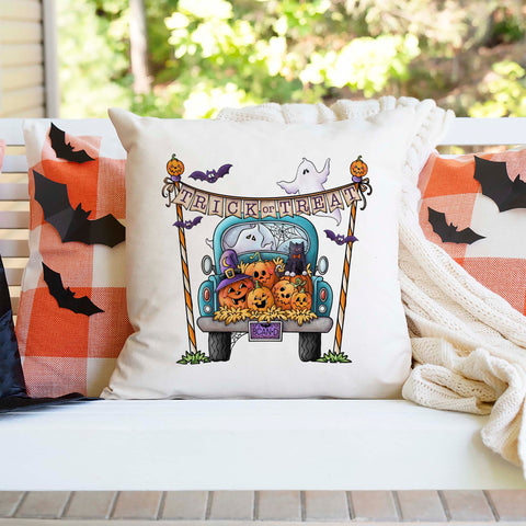 Trick or Treat Pumpkin Truck Halloween Pillow Cover