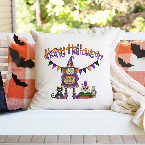 Happy Halloween Witch Cat Pillow Cover