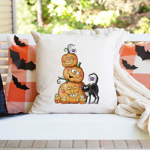 Pumpkins and Black Cat Halloween Pillow Cover