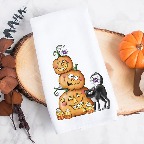 Halloween Pumpkins and Black Cat Kitchen Tea Towel