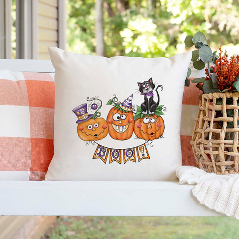 Boo Pumpkins and Black Cat Halloween Pillow Cover