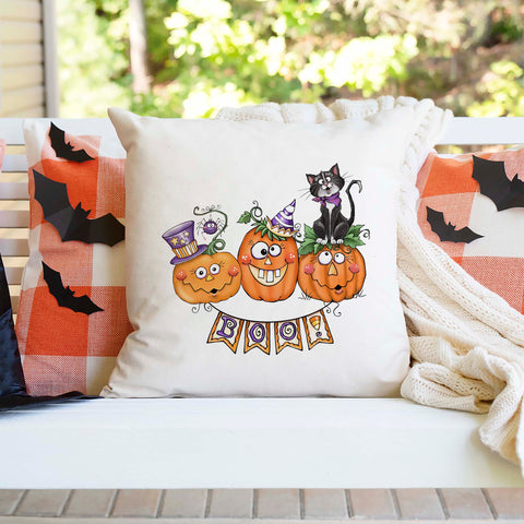 Boo Pumpkins and Black Cat Halloween Pillow Cover
