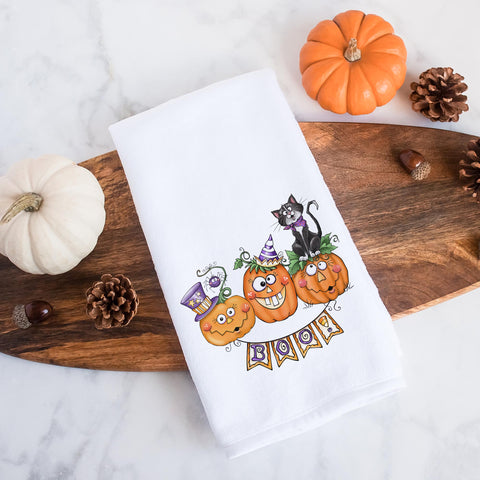 Boo Halloween Pumpkins and Black Cat Kitchen Tea Towel