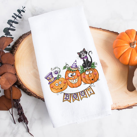 Boo Halloween Pumpkins and Black Cat Kitchen Tea Towel