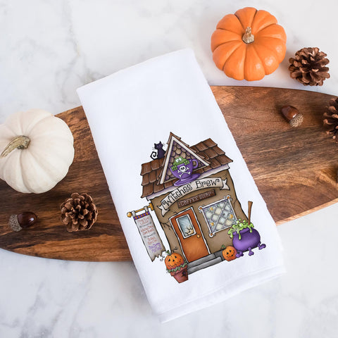 Witches' Brew Coffee Shop Halloween Kitchen Tea Towel