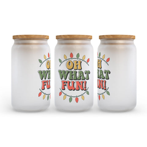 Oh What Fun Retro Christmas Frosted Glass Can Tumbler