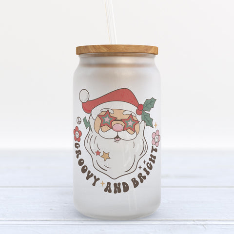 Groovy and Bright Retro Santa Christmas Frosted Glass Can Tumbler