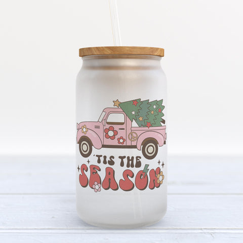 Tis the Season Retro Christmas Frosted Glass Can Tumbler