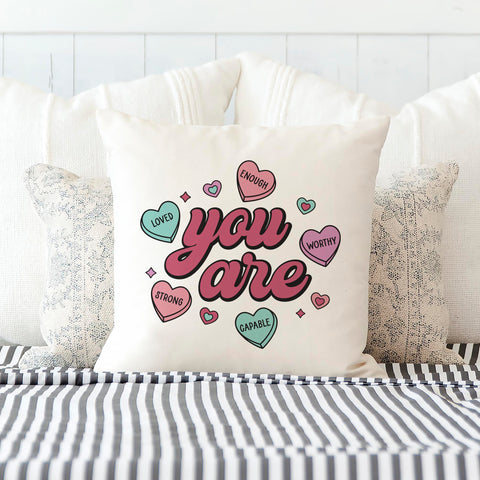 Candy Hearts Inspirational Pillow Cover
