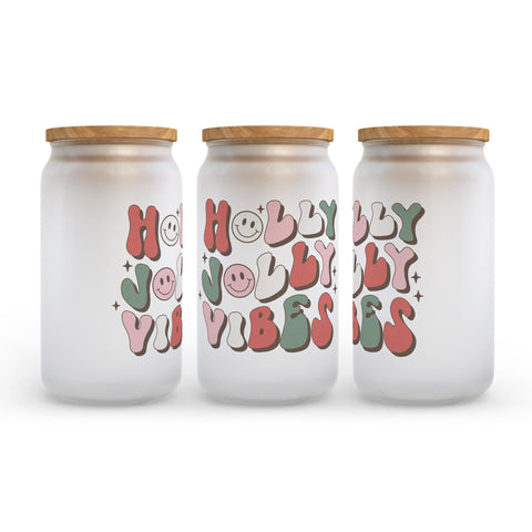 Holly Jolly Vibes Retro Christmas Frosted Glass Can Tumbler