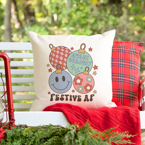 Festive AF Retro Ornaments Christmas Pillow Cover