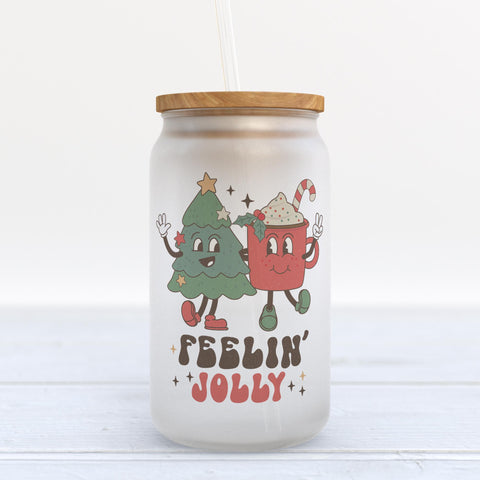 Feeling Jolly Retro Christmas Frosted Glass Can Tumbler