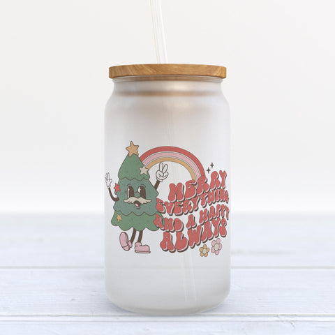 Merry Everything and Happy a Always Retro Christmas Frosted Glass Can Tumbler