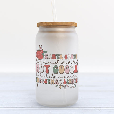 Santa Claus Hot Cocoa Christmas Lights Retro Frosted Glass Can Tumbler
