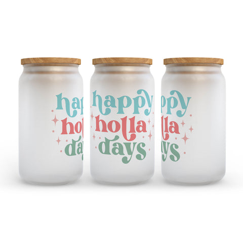 Happy Holla Days Christmas Retro Frosted Glass Can Tumbler