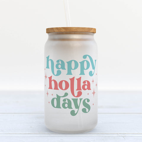 Happy Holla Days Christmas Retro Frosted Glass Can Tumbler