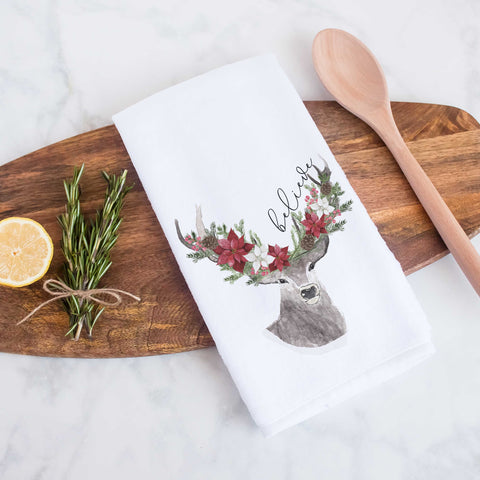 Believe Rustic Christmas Deer Holiday kitchen towel, rustic holiday home decor, rustic kitchen towel