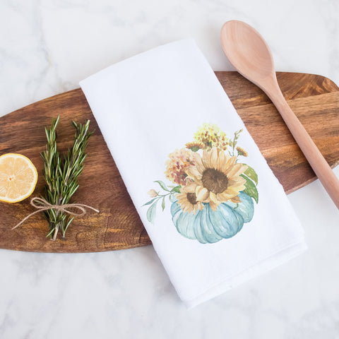 fall floral blue pumpkin personalized kitchen tea towel, decorative hand towel, modern farmhouse style home decor, kitchen decor, bathroom decor