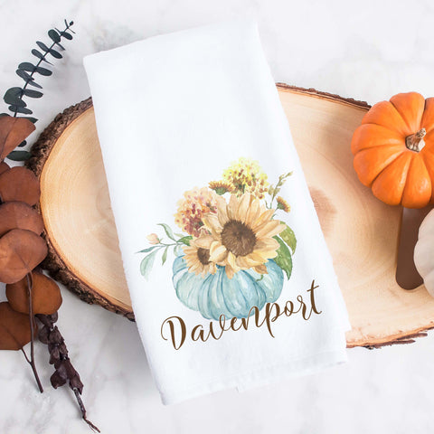 fall floral blue pumpkin personalized kitchen tea towel, decorative hand towel, modern farmhouse style home decor, kitchen decor, bathroom decor