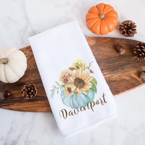 fall floral blue pumpkin personalized kitchen tea towel, decorative hand towel, modern farmhouse style home decor, kitchen decor, bathroom decor