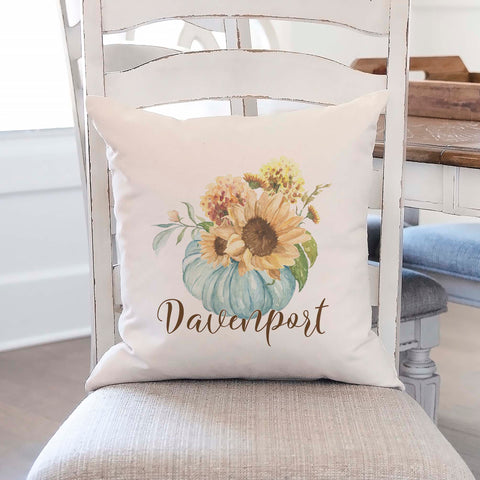 fall floral blue pumpkin personalized linen pillow cover, modern farmhouse home decor, boho home decor, cottage core home decor