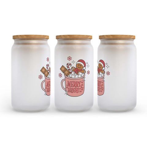 Merry and Bright Gingerbread Man Christmas Frosted Glass Can Tumbler