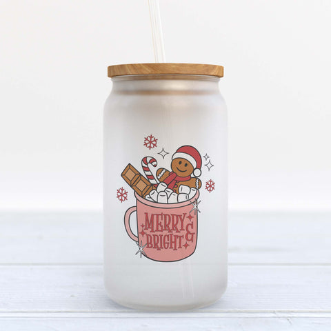 Merry and Bright Gingerbread Man Christmas Frosted Glass Can Tumbler