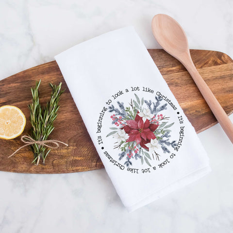 It's beginning to look a lot like Christmas poinsettia rustic kitchen towel, rustic holiday kitchen decor