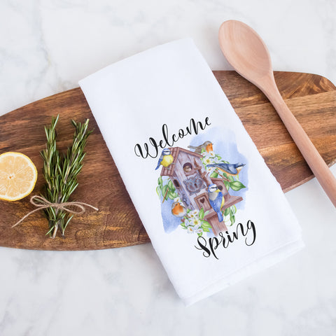 Welcome spring birdhouse kitchen towel, hand towel, tea towel