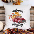 Fall linen pillow cover with a fall red truck with pumpkins in it and text that says autumn blessings.  Modern farmhouse style pillow cover home decor.