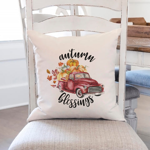 Fall linen pillow cover with a fall red truck with pumpkins in it and text that says autumn blessings.  Modern farmhouse style pillow cover home decor.