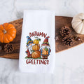 autumn greetings fall gnomes kitchen tea towel, decorative hand towel, modern farmhouse style home decor, kitchen decor, bathroom decor