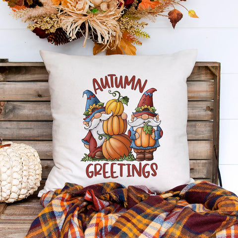 autumn greetings fall gnomes linen pillow cover, modern farmhouse home decor, boho home decor, cottage core home decor