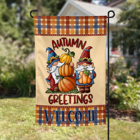 autumn greetings fall gnome personalized fall garden flag, welcome flag, modern farmhouse home decor