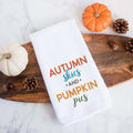 A fall tea towel printed with autumn skies and pumpkin pies.  This can be used as a hand towel, kitchen towel, decorative towel, bathrooom towel, and more.
