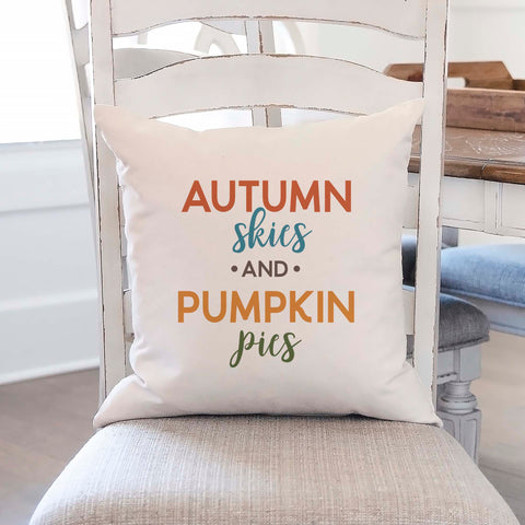 Fall linen pillow cover with text that says autumn skies and pumpkin pies.  Modern farmhouse style pillow cover home decor.