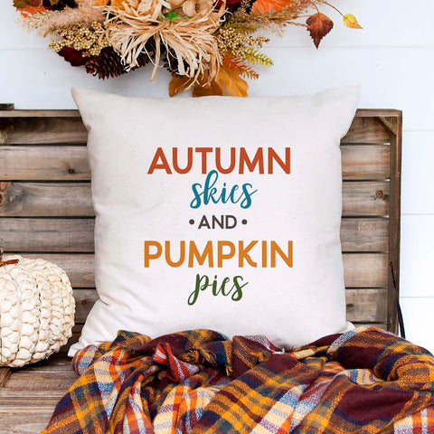 Fall linen pillow cover with text that says autumn skies and pumpkin pies.  Modern farmhouse style pillow cover home decor.