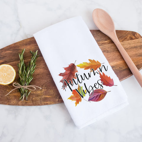 autumn vibes fall leaves kitchen tea towel, decorative hand towel, modern farmhouse style home decor, kitchen decor, bathroom decor