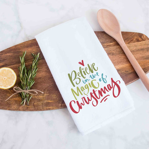 Believe in the magic of Christmas Handlettered Decorative Christmas Holiday Kitchen Hand Towel