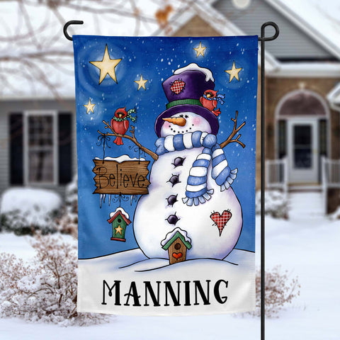 Believe Snowman winter christmas holiday personalized Garden Flag