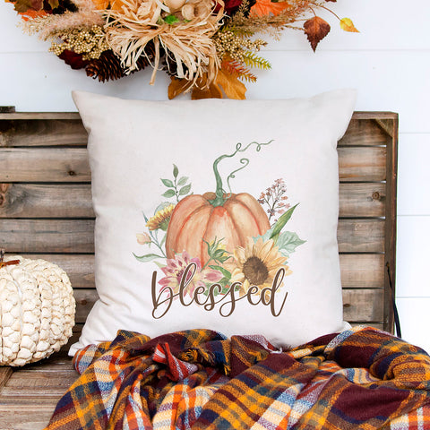 blessed fall floral pumpkin linen pillow cover, modern farmhouse home decor, boho home decor, cottage core home decor