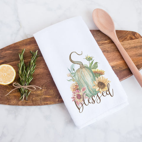 blessed fall floral gourd kitchen tea towel, decorative hand towel, modern farmhouse style home decor, kitchen decor, bathroom decor
